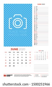 Wall calendar planner template for June 2020. Week starts on Sunday. Typographic design template. Vector illustration