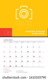 Wall calendar planner template for June 2021. Week starts on Sunday. Stationery design template. Vector illustration