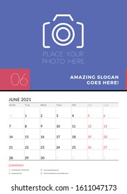 Wall calendar planner template for June 2021. Week starts on Monday. Stationery design template. Vector illustration