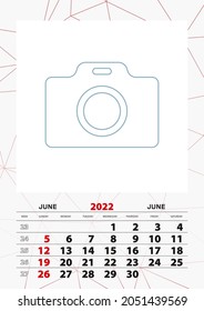 Wall calendar planner template for June 2022, week starts on sunday. Vector illustration.
