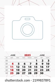 Wall calendar planner template for June 2023, week starts on sunday. Vector illustration.