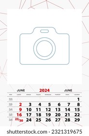 Wall calendar planner template for June 2024, week starts on sunday. Vector illustration.