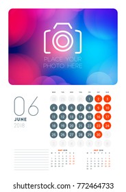 Wall calendar planner template for June 2018. Vector design print template with abstract background or place for photo. Week starts on Monday