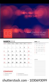 Wall calendar planner template for March 2018. Vector design print template with abstract background or place for photo. Week starts on Sunday