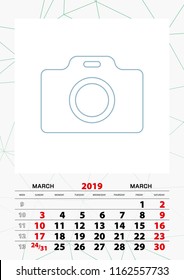 Wall calendar planner template for March 2019, week starts on sunday. Vector illustration.