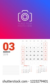 Wall calendar planner template for March 2019. Week starts on Sunday. Vector illustration