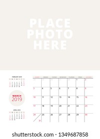 Wall calendar planner template for March 2019. Week starts on Sunday. Vector illustration. Stationery print design