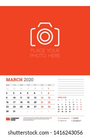 Wall calendar planner template for March 2020. Week starts on Monday. Typographic design template. Red and black color theme. Vector illustration