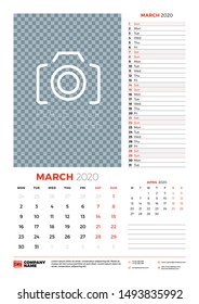 Wall calendar planner template for March 2020. Week starts on Monday. Typographic design template. Vector illustration