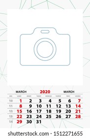 Wall calendar planner template for March 2020, week starts on sunday. Vector illustration.