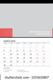 Wall calendar planner template for March 2020. Week starts on Monday. Vector illustration