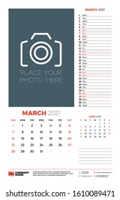 Wall calendar planner template for March 2021. Week starts on Sunday. Stationery design template. Vector illustration