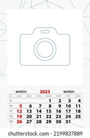 Wall Kalender-Planer Vorlage für März 2023, Woche beginnt am Sonntag. Vektorgrafik.