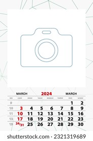 Wall calendar planner template for March 2024, week starts on sunday. Vector illustration.
