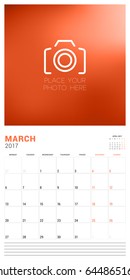 Wall Calendar Planner Template for March 2017. Week Starts Monday. Place for Photo. Stationery Design. Vector Illustration