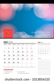 Wall calendar planner template for May 2018. Vector design print template with abstract background or place for photo. Week starts on Monday