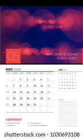 Wall calendar planner template for May 2018. Vector design print template with abstract background or place for photo. Week starts on Sunday