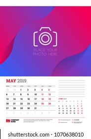 Wall calendar planner template for May 2019. Week starts on Monday. Vector illustration