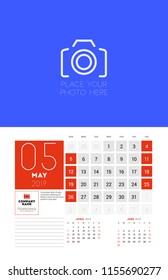 Wall calendar planner template for May 2019. Week starts on Sunday. Vector illustration