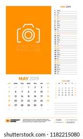 Wall calendar planner template for May 2019. Week starts on Sunday. Vector illustration