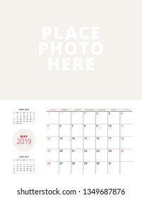 Wall calendar planner template for May 2019. Week starts on Sunday. Vector illustration. Stationery print design