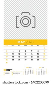 Wall calendar planner template for May 2020. Week starts on Sunday. Typographic design template. Yellow and black color theme. Vector illustration