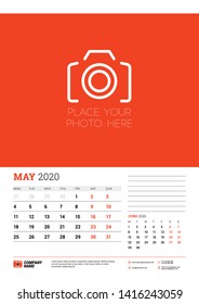 Wall calendar planner template for May 2020. Week starts on Monday. Typographic design template. Red and black color theme. Vector illustration