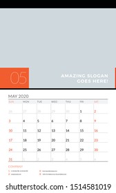 Wall calendar planner template for May 2020. Week starts on Sunday. Vector illustration