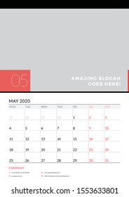 Wall calendar planner template for May 2020. Week starts on Monday. Vector illustration