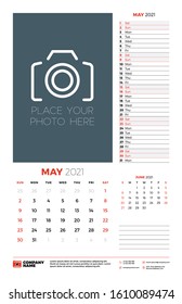Wall calendar planner template for May 2021. Week starts on Sunday. Stationery design template. Vector illustration