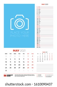 Wall calendar planner template for May 2021. Week starts on Monday. Stationery design template. Vector illustration