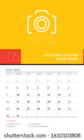Wall calendar planner template for May 2021. Week starts on Sunday. Stationery design template. Vector illustration