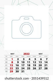 Wall calendar planner template for May 2022, week starts on sunday. Vector illustration.