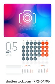 Wall calendar planner template for May 2018. Vector design print template with abstract background or place for photo. Week starts on Monday