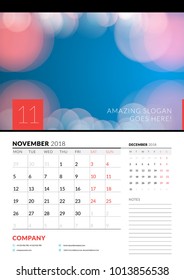 Wall calendar planner template for November 2018. Vector design print template with abstract background or place for photo. Week starts on Monday