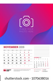 Wall calendar planner template for November 2019. Week starts on Monday. Vector illustration