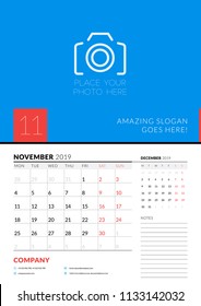 Wall calendar planner template for November 2019. Week starts on Monday. Vector illustration