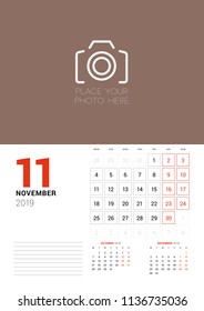 Wall calendar planner template for November 2019. Week starts on Monday. Vector illustration