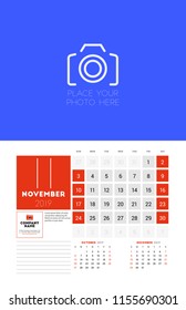 Wall calendar planner template for November 2019. Week starts on Sunday. Vector illustration