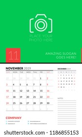 Wall calendar planner template for November 2019. Week starts on Sunday. Vector illustration