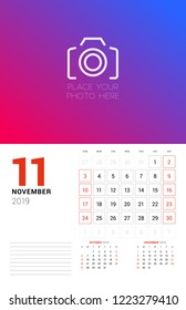 Wall calendar planner template for November 2019. Week starts on Sunday. Vector illustration