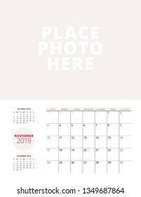 Wall calendar planner template for November 2019. Week starts on Sunday. Vector illustration. Stationery print design