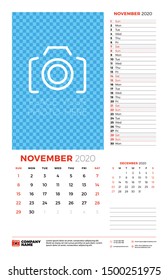 Wall calendar planner template for November 2020. Week starts on Sunday. Typographic design template. Vector illustration