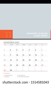 Wall calendar planner template for November 2020. Week starts on Sunday. Vector illustration