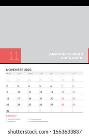Wall calendar planner template for November 2020. Week starts on Monday. Vector illustration