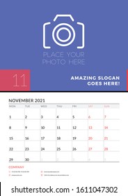 Wall calendar planner template for November 2021. Week starts on Monday. Stationery design template. Vector illustration