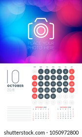 Wall calendar planner template for October 2018. Vector design print template with abstract background or place for photo. Week starts on Sunday