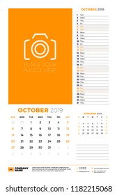 Wall calendar planner template for October 2019. Week starts on Sunday. Vector illustration