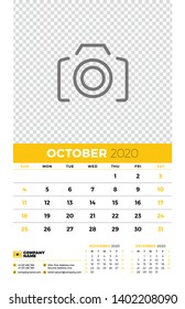 Wall calendar planner template for October 2020. Week starts on Sunday. Typographic design template. Yellow and black color theme. Vector illustration