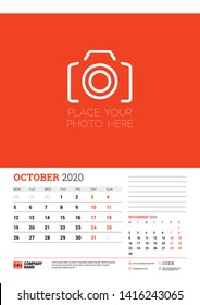 Wall calendar planner template for October 2020. Week starts on Monday. Typographic design template. Red and black color theme. Vector illustration